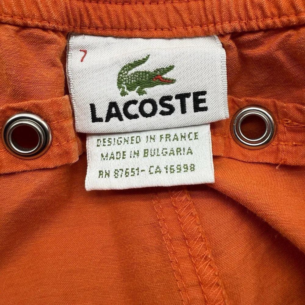 Lacoste Swim Trunks Men Size 7 Orange Logo Tape Side Stripe Sporty Beach Shorts